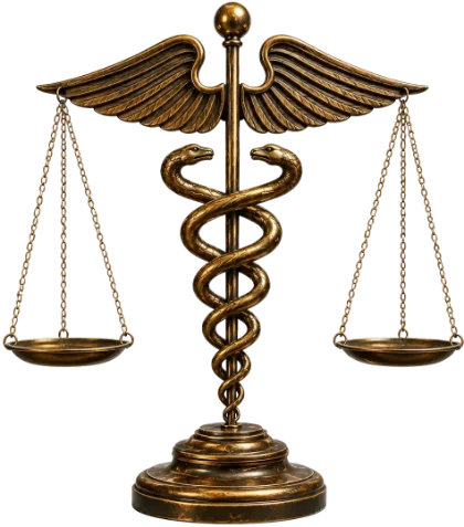 Balança-caduceu em bronze — símbolo de medicina e justiça
